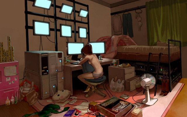 Woman sitting desk room computer free wallpaper - medium preview image