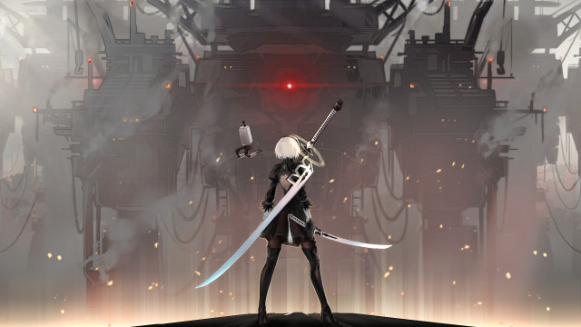 Person holding sword machine room free wallpaper - medium preview image