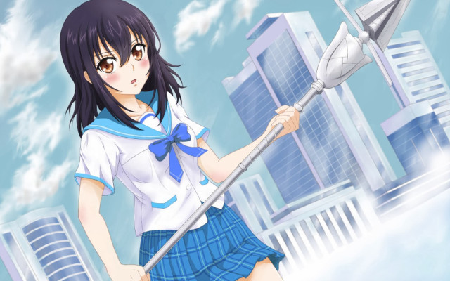 Girl school uniform broom cityscape free wallpaper - medium preview image
