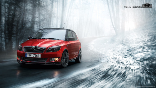 Red car driving woods fog free wallpaper - medium preview image