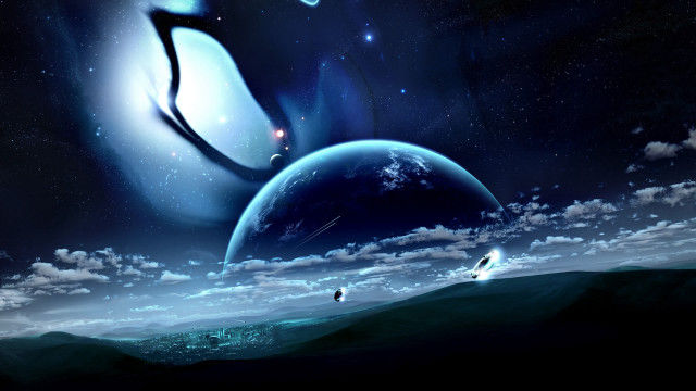 Space scene distant planet surfboard free wallpaper - medium preview image