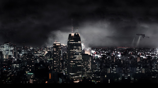 City skyline plane nighttime lights free wallpaper - medium preview image