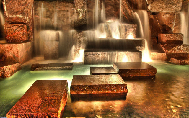 Waterfall benches steps water running free wallpaper - medium preview image