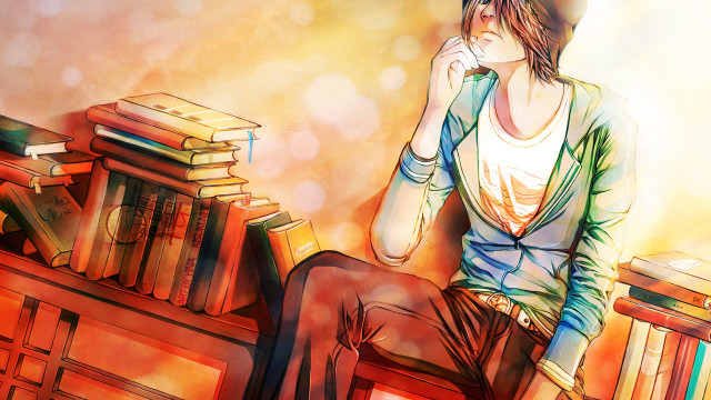 Woman chair books table reading free wallpaper - medium preview image