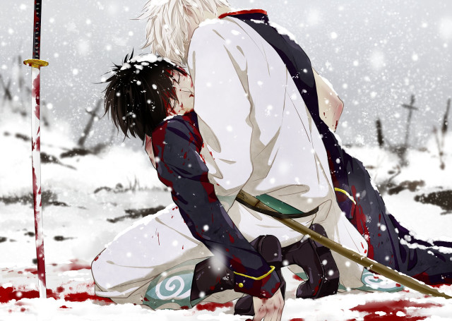 Man kneeling woman snow sword free wallpaper - medium preview image