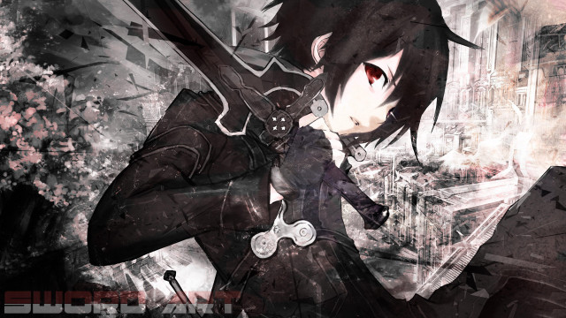 Anime character sword cityscape black free wallpaper - medium preview image
