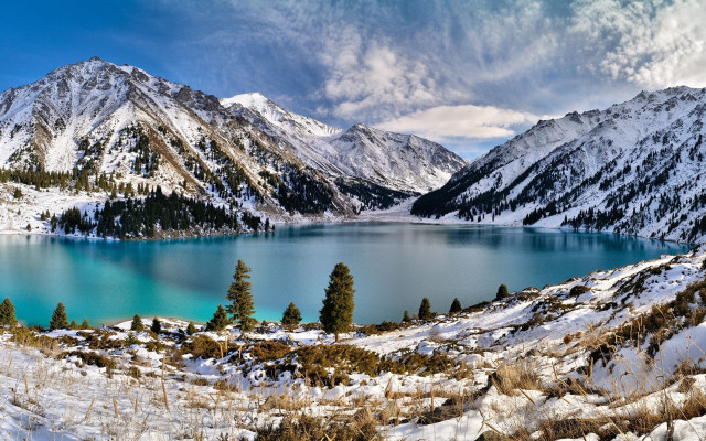 Lake snow covered mountains cloudy free wallpaper - medium preview image