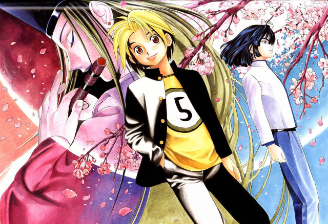 Anime characters group pink flowers free wallpaper - medium preview image