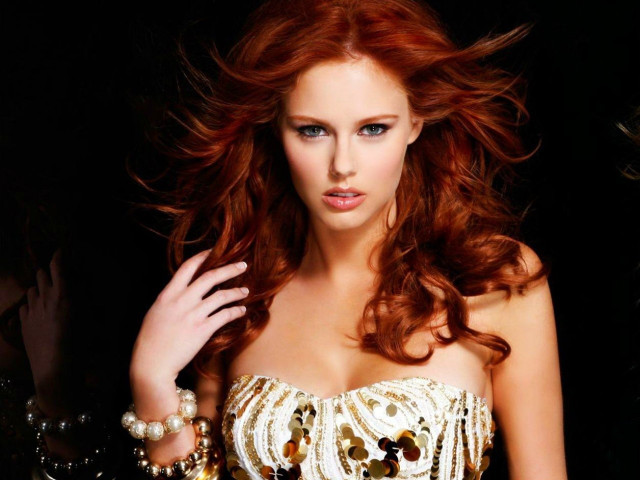 Woman red hair gold dress free wallpaper - medium preview image