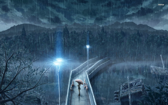 Couple walking bridge rain umbrella free wallpaper - medium preview image