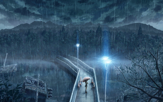 Couple walking bridge rain umbrella #2 free wallpaper - medium preview image