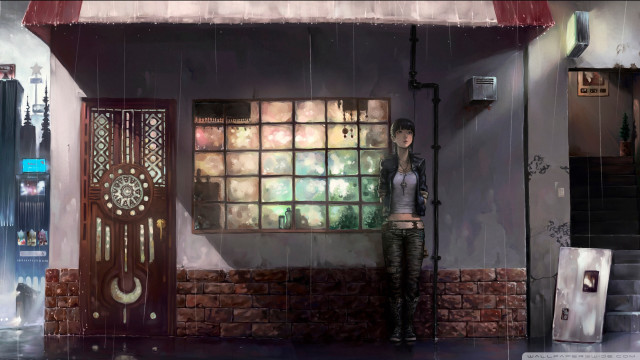 Woman standing window rain umbrella free wallpaper - medium preview image
