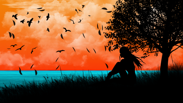 Woman hill tree water birds free wallpaper - medium preview image