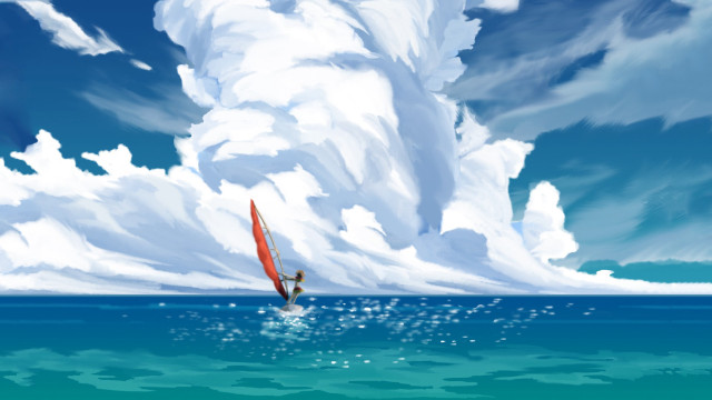 Windsurfing ocean clouds painting person free wallpaper - medium preview image