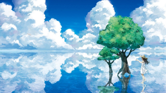 Woman tree water clouds bird free wallpaper - medium preview image