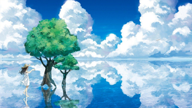 Girl standing water tree clouds free wallpaper - medium preview image