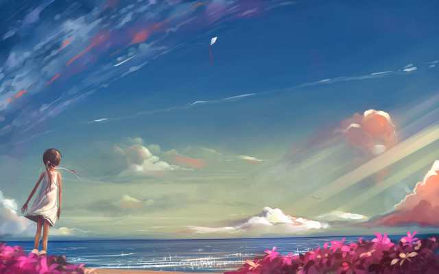 Girl beach ocean clouds pink free wallpaper - medium preview image