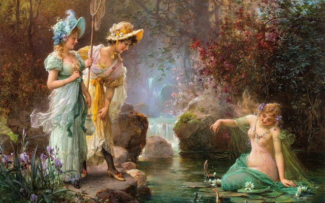 Women dresses waterfall pond lily free wallpaper - medium preview image