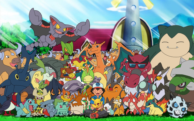Pokemon group field building grass free wallpaper - medium preview image