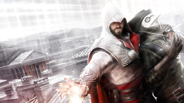 Man red white outfit sword free wallpaper - medium preview image