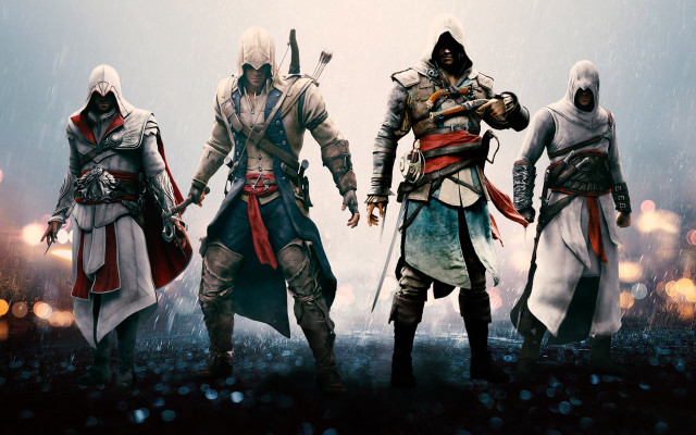 Hooded men rain cityscape lights free wallpaper - medium preview image