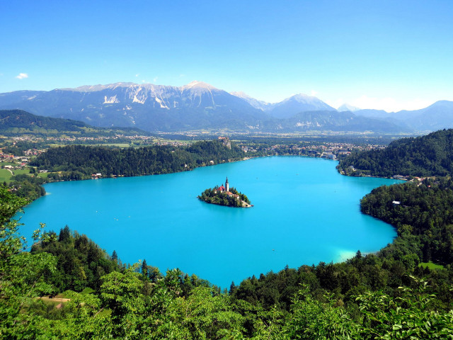 Lake mountains trees church island free wallpaper - medium preview image