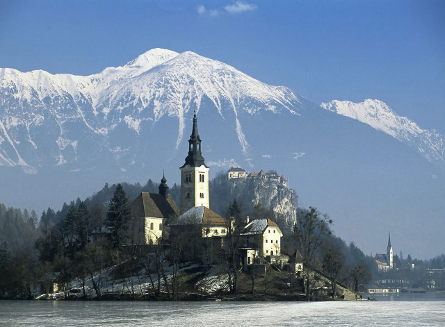 Small island church lake mountain free wallpaper - medium preview image