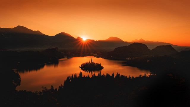 Sunset lake island mountains cinematic free wallpaper - medium preview image