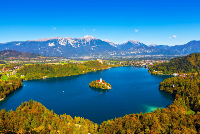 Lake mountains trees forest island free wallpaper - medium preview image