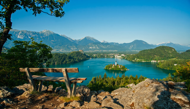 Bench hill lake mountains island free wallpaper - medium preview image