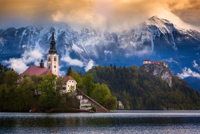 Church island lake mountains clouds free wallpaper - medium preview image