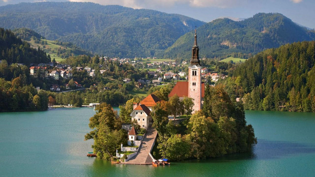 Small island church lake mountains #4 free wallpaper - medium preview image
