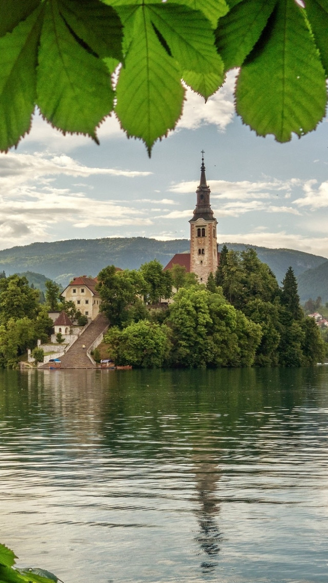 Church island lake trees mountains free wallpaper - medium preview image