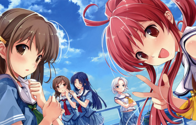 Anime girls field grass clouds free wallpaper - medium preview image