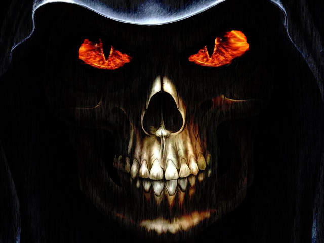 Demonic skull glowing eyes hood free wallpaper - medium preview image