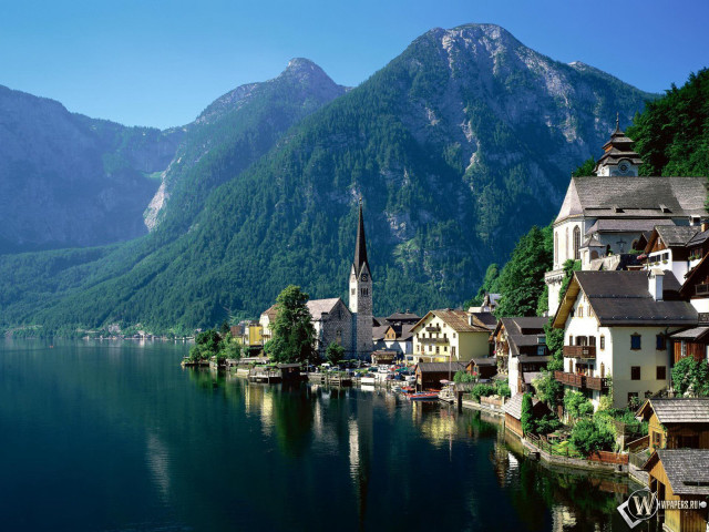 Lake church mountains blue sky free wallpaper for desktop - medium preview image