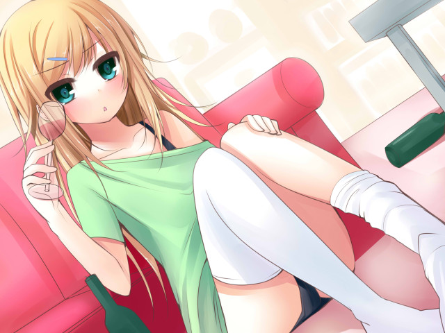 Blonde woman anime sitting pink free wallpaper - medium preview image