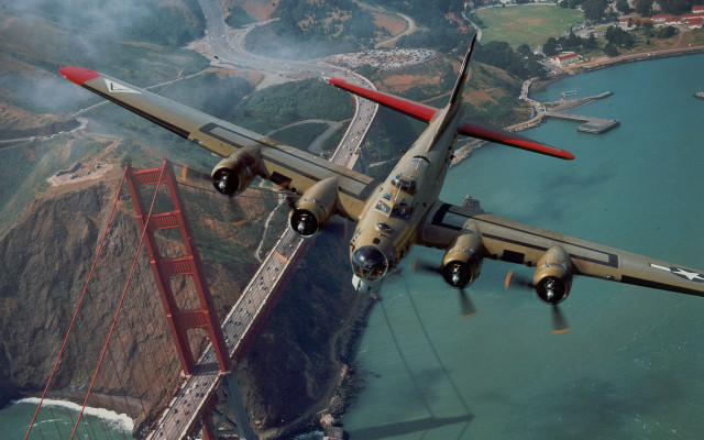 Airplane flying bridge river background free wallpaper - medium preview image