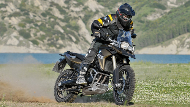 Motorcycle rider lake mountains dirt free wallpaper - medium preview image