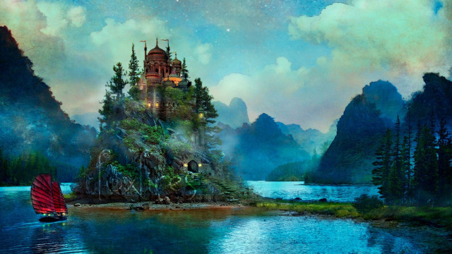 Castle island lake sailboat painting free wallpaper - medium preview image