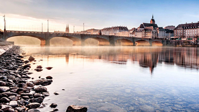 Bridge river buildings fog water free wallpaper - medium preview image