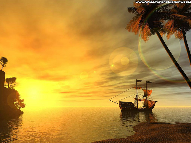 Pirate ship sailing ocean sunset free wallpaper - medium preview image