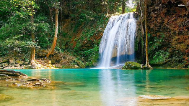 Waterfall forest blue pool trees free wallpaper - medium preview image