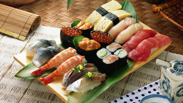 Sushi plate bamboo mat tea free wallpaper - medium preview image