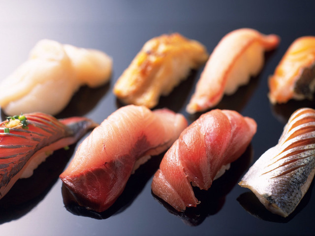 Sushi closeup variety fish fork free wallpaper - medium preview image