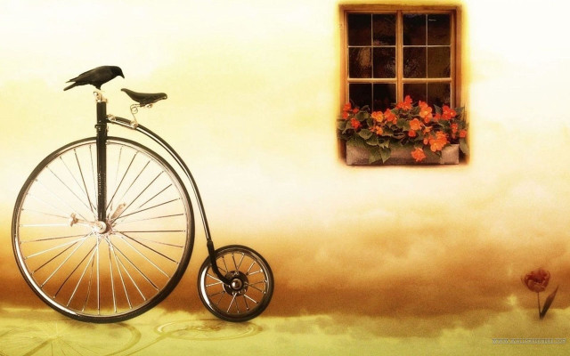 Bicycle bird window flowers painting free wallpaper - medium preview image