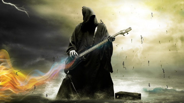 Man hooded robe guitar storm free wallpaper - medium preview image