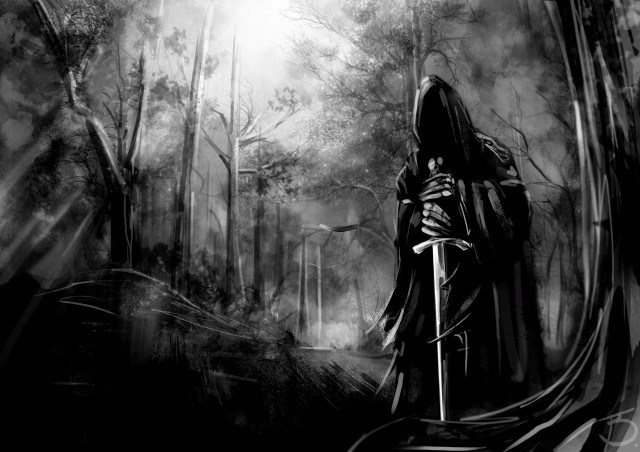 Hooded man sword dark forest free wallpaper - medium preview image