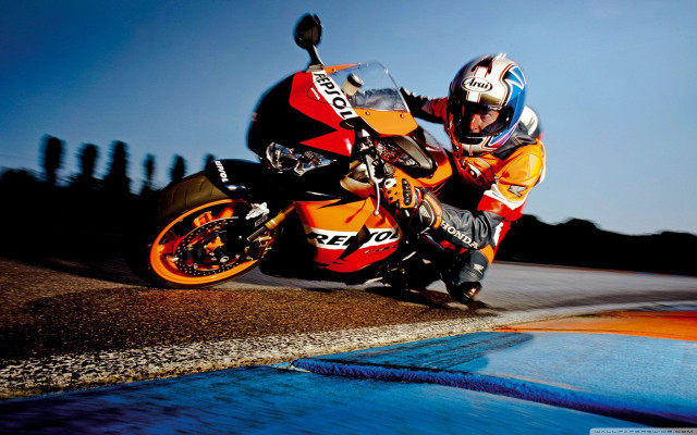 Motorcycle ride water trees road free wallpaper - medium preview image
