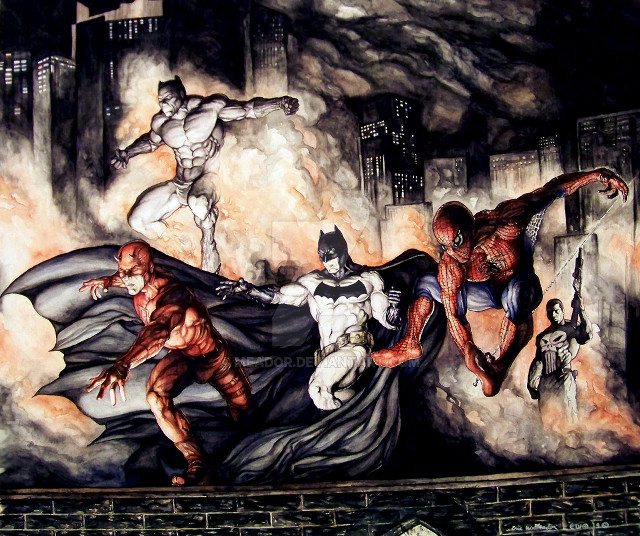Superheroes wall city skyline fire free wallpaper - medium preview image